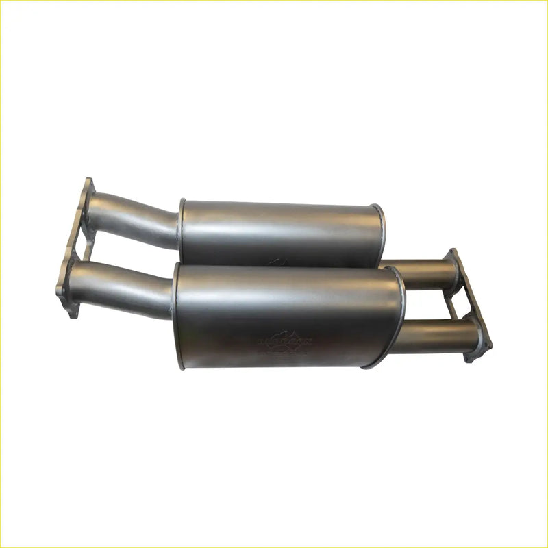 Silver metallic dual exhaust muffler assembly with cylindrical chambers and flanged ends for redback extreme duty