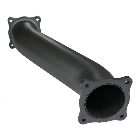 Black metal exhaust manifold with flanged ends and bolt holes for redback extreme duty offset muffler delete backside view