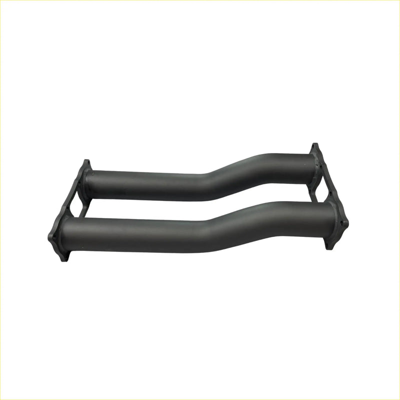 Black dual exhaust manifold with flanged ends and curved tubing for redback extreme duty twin 3 inch muffler delete on chevrolet silverado