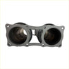 Black dual-exhaust manifold with flanged ends and bolt holes for redback extreme duty twin 6 inch resonator