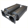 Black matte redback extreme duty twin 4 and 6 inch round resonator dual exhaust system with flanged brackets back view