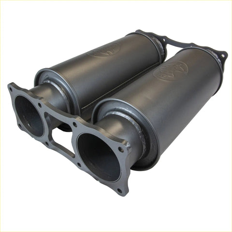 Black matte redback extreme duty twin 4 and 6 inch round resonator dual exhaust system with flanged brackets back view
