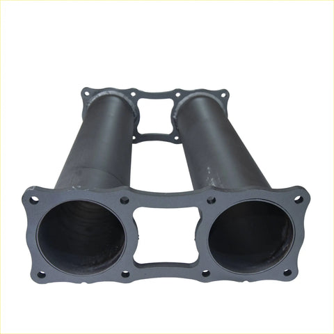 Black dual-exhaust manifold with flanged ends and mounting holes shown from the back for redback extreme duty twin 4 muffler delete