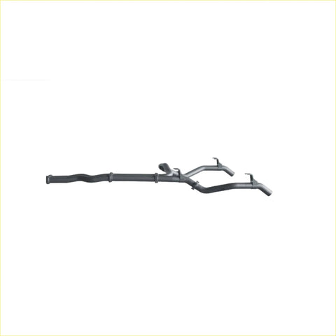 Black metal exhaust manifold with curved central pipe and two outlets for redback extreme duty twin exhaust toyota landcruiser 76 series