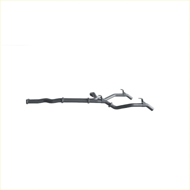 Black metal exhaust manifold with curved central pipe and two outlets for redback extreme duty twin exhaust toyota landcruiser 76 series