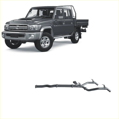 Dark gray toyota land cruiser 70 pickup with chrome grille silver wheels and redback extreme duty twin exhaust system