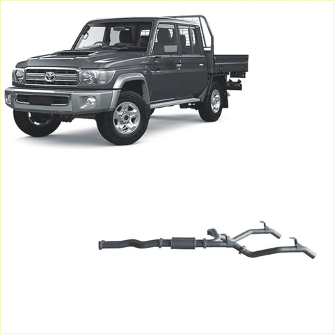 Gray metallic redback extreme duty twin exhaust system backside for toyota landcruiser 79 series