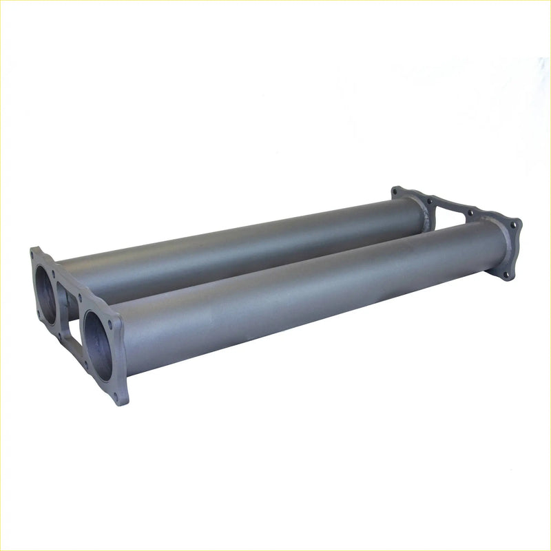Gray metallic dual exhaust manifold with flanged ends and bolted brackets for redback extreme duty twin muffler delete