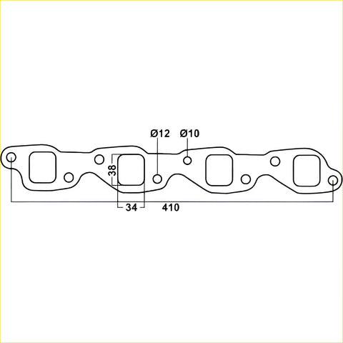Technical drawing of a 410mm long redback gasket intake manifold with precise hole and flange dimensions for holden cars