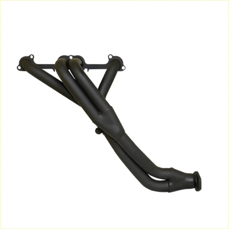 Black matte metal y-shaped exhaust manifold with flanged mounts redback header for holden rodeo ra 2.4 litre back view