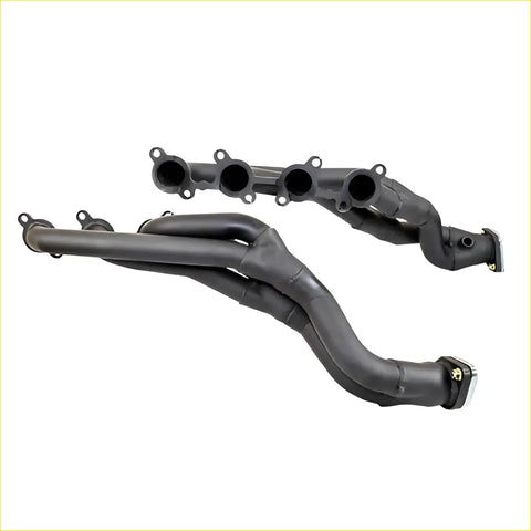 Black metallic redback header exhaust manifold with four cylindrical ports and curved tubing for toyota landcruiser