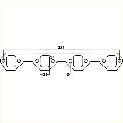 Metallic redback header gasket for ford falcon with four rectangular intake manifold ports and precise markings