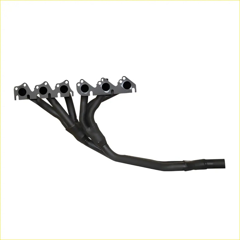 Black aftermarket exhaust manifold with four ports and smooth curves for ford falcon 01 to 82 from redback headers