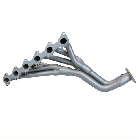 Silver metallic redback headers exhaust manifold with sleek angular design and multiple ports for ford falcon fg 6 cylinder