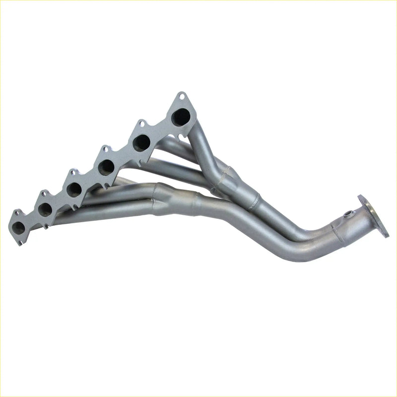Silver metallic redback headers exhaust manifold with sleek angular design and multiple ports for ford falcon fg 6 cylinder