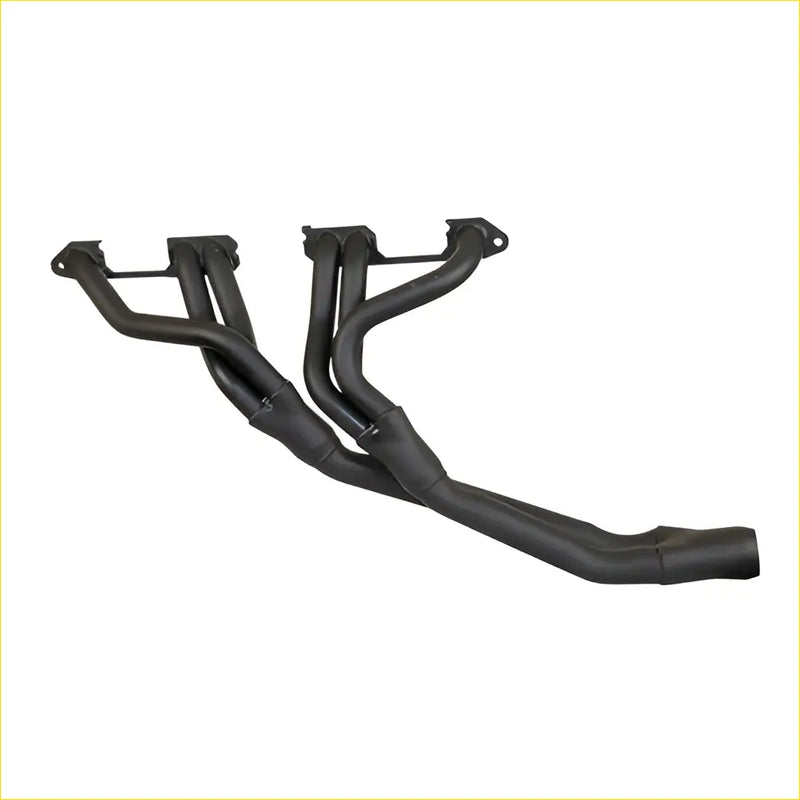 Black metal redback headers exhaust manifold with sleek angular design and branching tubes for holden commodore 1980-1984