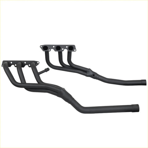 Black aftermarket exhaust manifolds with matte finish and four inlet ports for redback headers on holden commodore v6