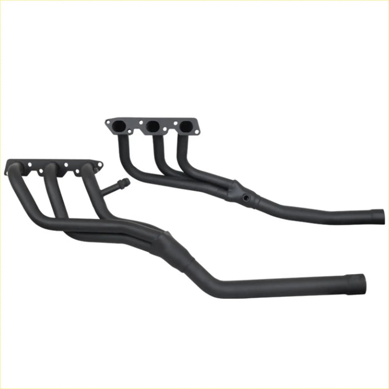 Black aftermarket exhaust manifolds with matte finish and four inlet ports for redback headers on holden commodore v6