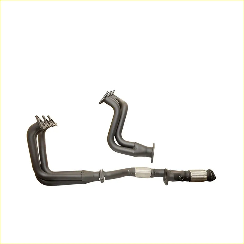Black metal exhaust manifold and header set with polished stainless steel section for redback headers mitsubishi magna v6