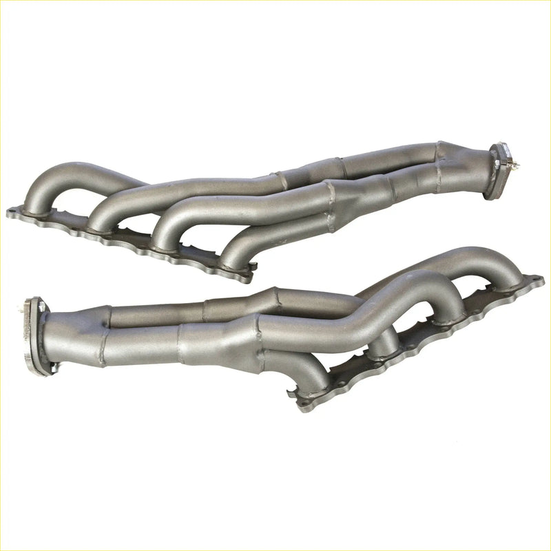 Gray metallic redback headers exhaust manifolds with sleek curved design and bolted flanges for nissan patrol y62 v8