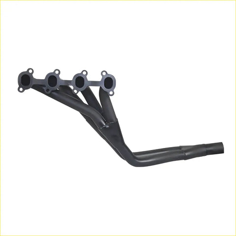 Black aftermarket exhaust manifold with four cylindrical ports and curved outlet for redback headers toyota hiace 2rz
