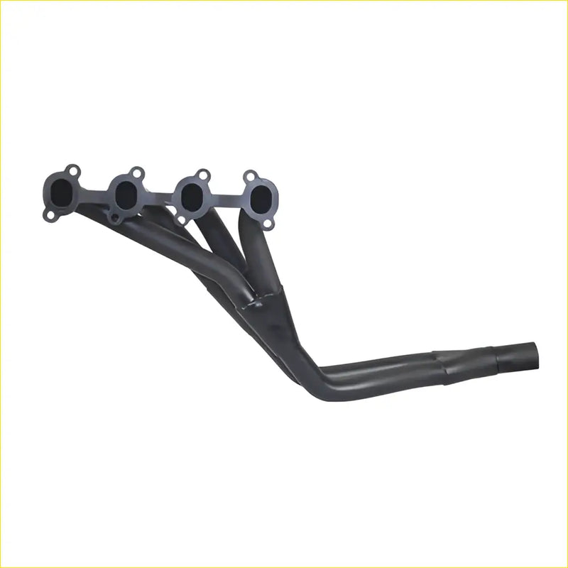 Black aftermarket exhaust manifold with four cylindrical ports and curved outlet for redback headers toyota hiace 2rz