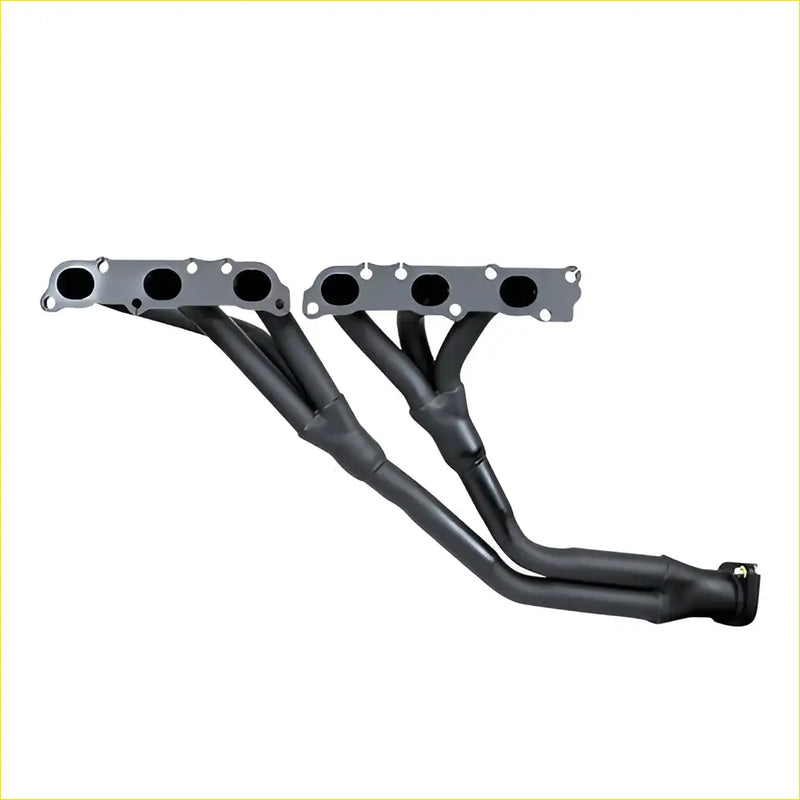 Black dual-exhaust manifold with matte finish and flanged mounting surfaces for redback headers toyota landcruiser 105 backside