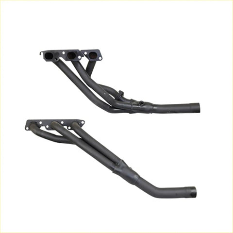 Black metal exhaust manifolds with matte finish and flanged ends for redback headers to suit holder commodore vs 3.8l ecotec v6