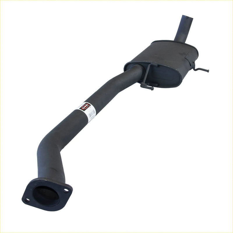 Black metal redback performance 2.5 inch centre muffler with curved pipes for holden commodore vn vp vr shown from back