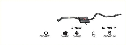 Black metal redback performance 2.5 inch exhaust system with rectangular catalytic converter housing and curved pipes for holden commodore vn vp vr back side view
