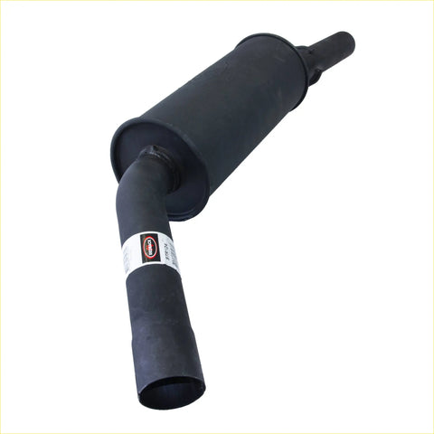 Black cylindrical exhaust muffler with curved pipe and genuine brand label for redback performance 25 exhaust system