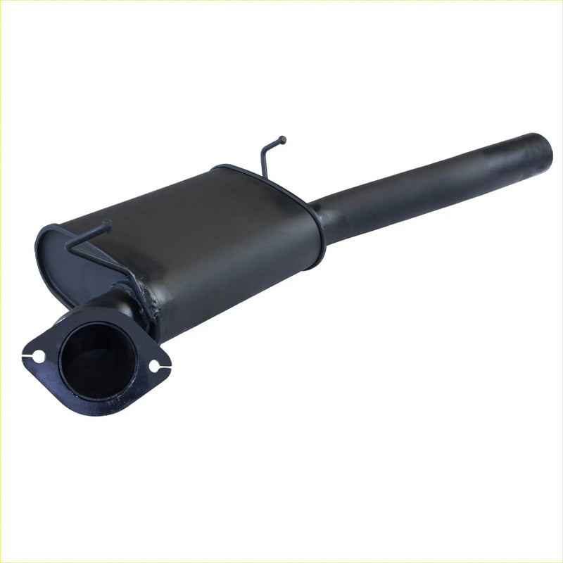 Black metal cylindrical exhaust muffler with flanged mounting bracket and pipe for redback performance 2.5 rear muffler ford falcon au irs