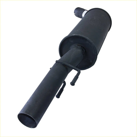 Black cylindrical rear muffler with flanged end and brackets for holden commodore sedan vt by redback performance