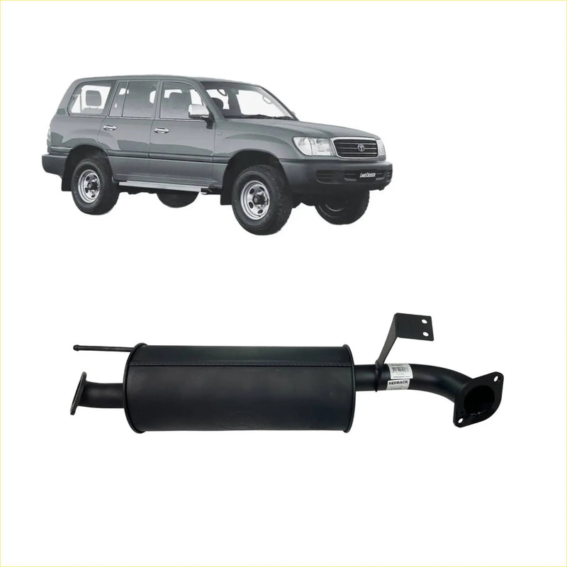 Black cylindrical redback performance centre muffler assembly with flanged ends for toyota landcruiser shown from back
