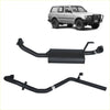Black aftermarket Redback performance exhaust system for Toyota Landcruiser 80 series with cylindrical muffler and curved pipes