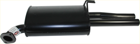Black glossy redback performance exhaust muffler with dual pipes shown from the backside for holden commodore 09 2007