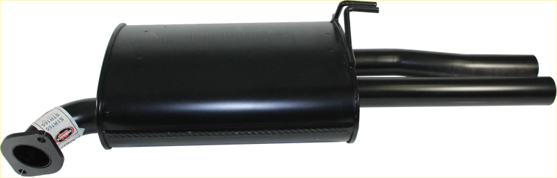 Black glossy redback performance exhaust muffler with dual pipes shown from the backside for holden commodore 09 2007