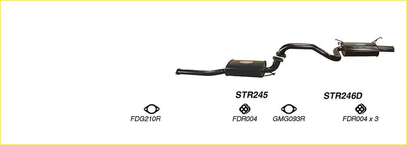 Black metal redback performance exhaust system with curved pipes and central muffler shown from the back side
