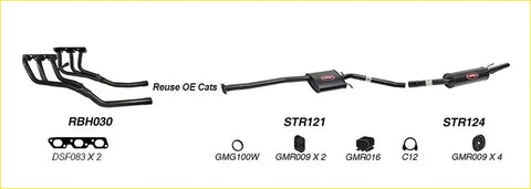 Black exhaust manifold and pipe system with red logo on muffler housing back side for redback performance exhaust system