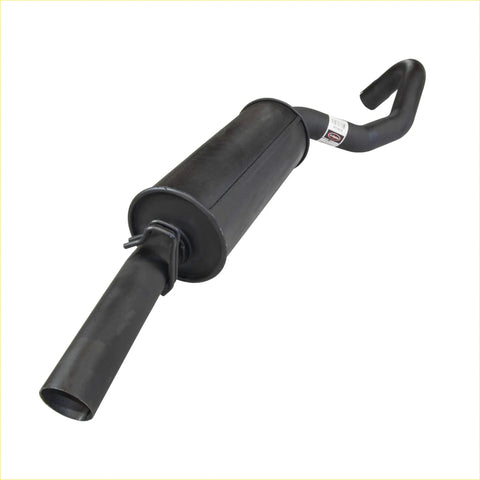 Black metal exhaust muffler with curved end and straight pipe connection shown from the back in redback performance exhaust system
