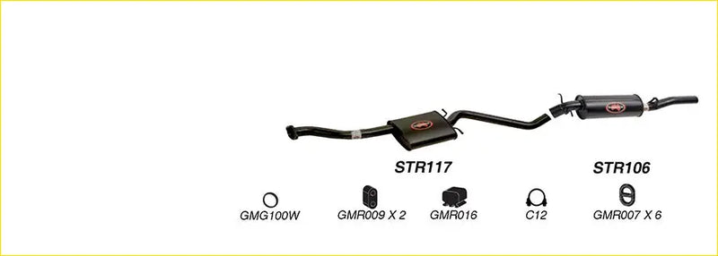 Black redback performance exhaust system showing back side with central resonator and flared tailpipe with red logos