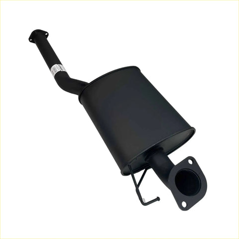 Black metal cylindrical exhaust muffler with flanged ends for redback performance exhaust system visible from back side