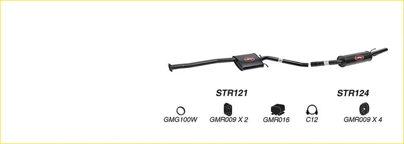 Black redback performance exhaust system with central resonator flanged ends and red logo badges on main housing