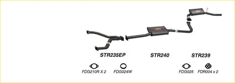 Black redback performance exhaust system for ford falcon with central resonator and red logo accents on pipes