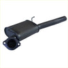 Black metal exhaust muffler with cylindrical body and flanged bracket for redback performance exhaust system ford falcon