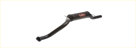 Black exhaust pipe with red redback logo on side from redback performance exhaust system for ford falcon 98 to 02 back view