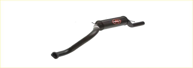 Black exhaust pipe with red redback logo on side from redback performance exhaust system for ford falcon 98 to 02 back view