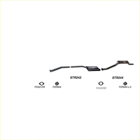 Black metal redback performance exhaust system with central muffler and two curved pipes for ford falcon 07 1998 back view