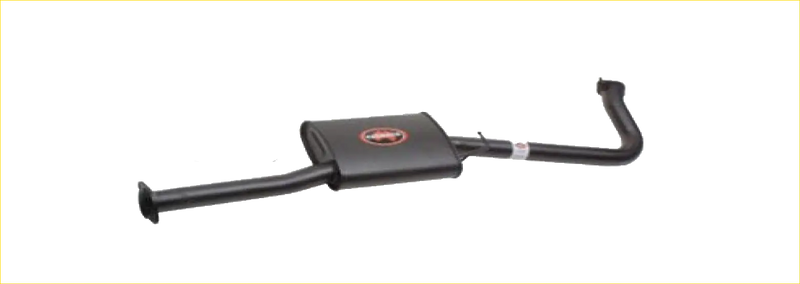 Black redback performance exhaust system with central rectangular housing and red circular logo for ford falcon 98-02