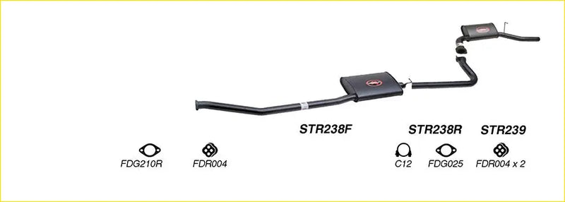 Black redback performance exhaust system for ford falcon with central resonator and flared tailpipe showing back view